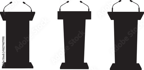 Three podium stands with microphones silhouette