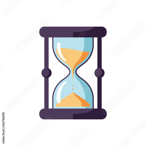 Stylized hourglass illustration with sand flowing and a purple frame on white