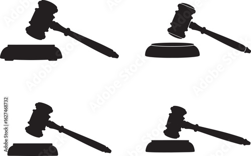 Four gavel and sounding block silhouettes in a grid layout