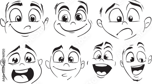 Collection of cartoon character faces showing various exaggerated emotions and expressions in black and white line art