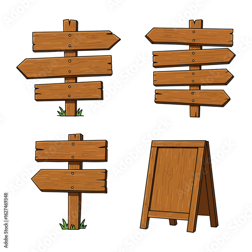 Four wooden sign illustrations for directions and advertising on white background