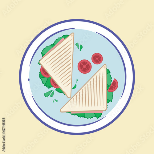 Grilled Sandwich with Lettuce and Tomato on Plate – Top View flat Vector Illustration