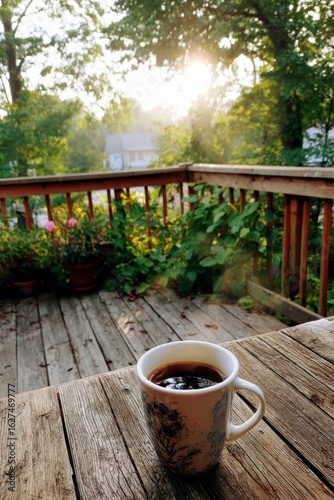 Morning coffee on a rustic porch. Lush greenery surrounds a wooden deck. Sunlight streams through the trees