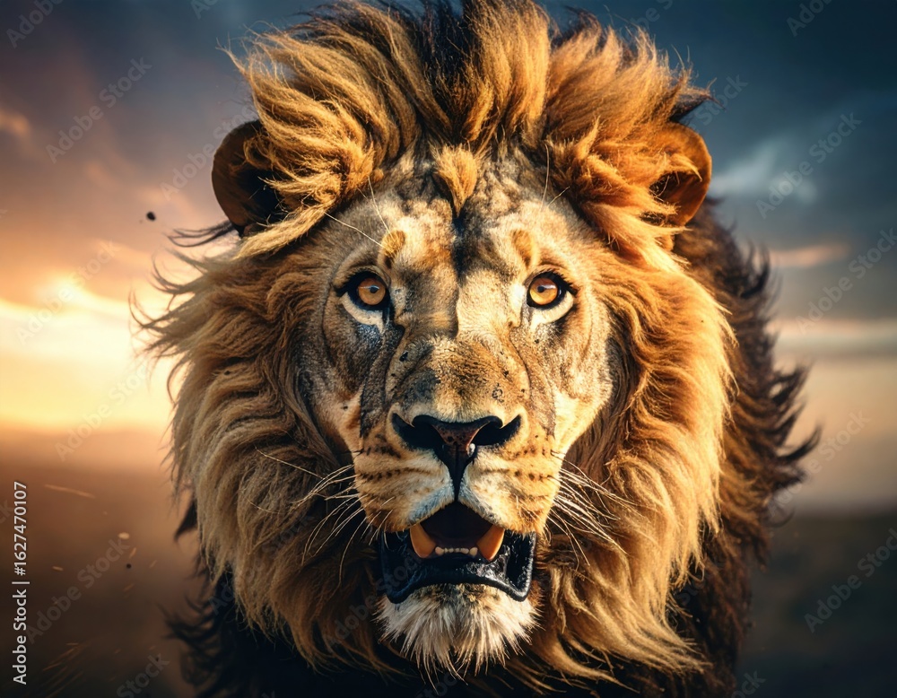 Naklejka premium a Lion's face with thick hair. close up.