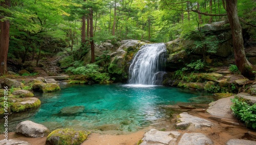 Tranquil waterfall cascading into a turquoise pool, surrounded by lush greenery and rocks
