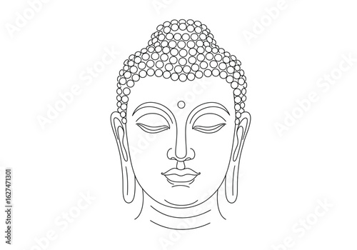 Buddha face drawing. It is a black and white outline image of Buddha's face, a serene and calm icon symbolizing meditation, peace, and enlightenment. Vector sketch line art draw.