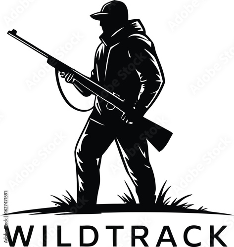 Hunter silhouette with rifle stands confidently against a backdrop of mountains, embodying the spirit of the outdoors and adventure, perfect for hunting or wildlife themes.