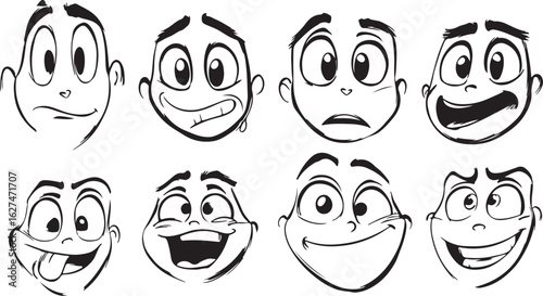 Collection of eight expressive cartoon faces showcasing a range of human emotions and reactions