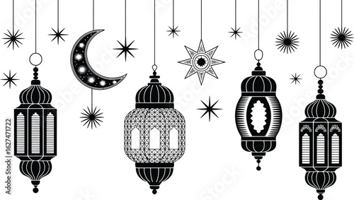 Elegant Ramadan decorations showcase hanging lanterns, crescent moon, and stars in a stylish black and white vector design, perfect for festive greetings and Islamic celebrations.