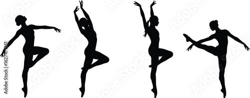 Four elegant female ballet dancers in dynamic poses showcasing graceful movements in a silhouette style isolated on transparent background