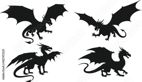Four distinct dragon silhouettes in flying and standing poses isolated on transparent background