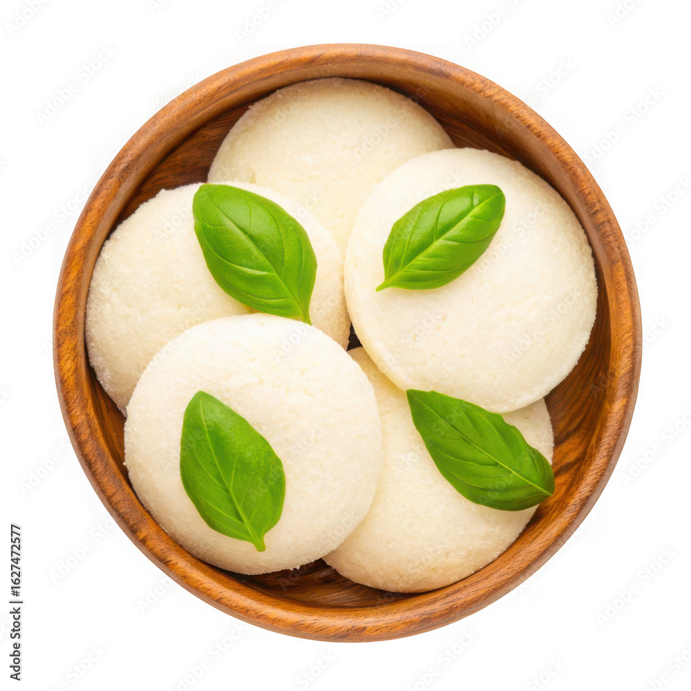Fototapeta premium Fresh mozzarella balls with basil isolated on transparent background