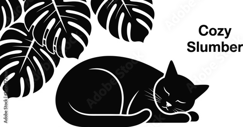 A sleek black cat sleeps peacefully, curled up beneath the stylized monstera leaves, creating a cozy and minimalist design perfect for pet lovers and modern decor themes.