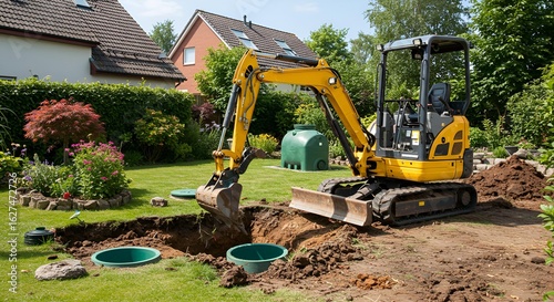 Excavator Digging Septic System in Yard
