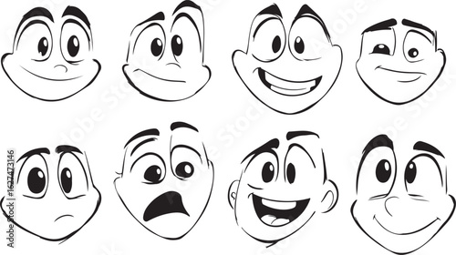 Collection of eight expressive cartoon faces showing a variety of emotions and reactions in black and white line art