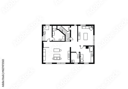 Basement plan drawing. It is a black and white outline image of a basement plan drawing, showing an underground floor layout with rooms and stairs. Vector sketch line art draw.