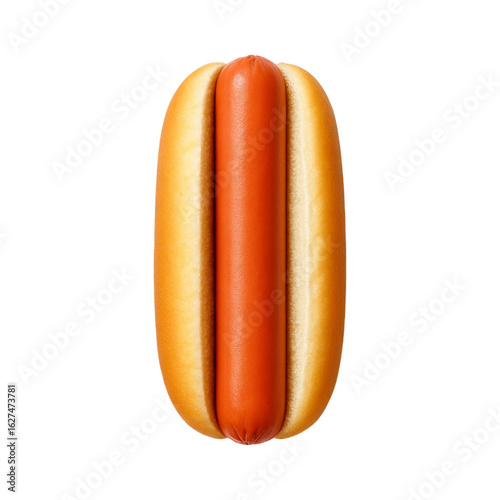 Simple hot dog with sausage in a bun placed on a white background, showing classic fast food presentation with no toppings.