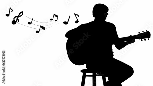 Silhouette of a musician playing guitar on a stool with musical notes floating in the air nearby