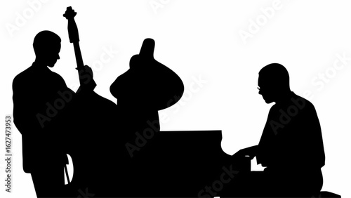 Silhouette of jazz musicians performing with piano and bass on a white background stage setting