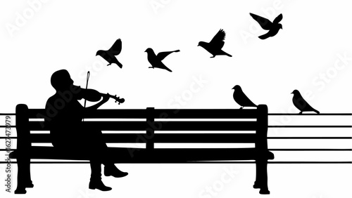 Silhouette of violinist on bench with birds flying and perched on musical staff illustration art