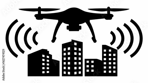 A drone flying above a city skyline with visible signal waves in a black and white illustration