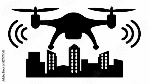 Silhouette of a drone flying over a city skyline with signal waves emanating from the drone sides
