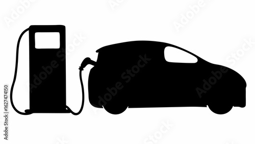 Silhouette of electric car charging at a charging station with a visible charging cable connected
