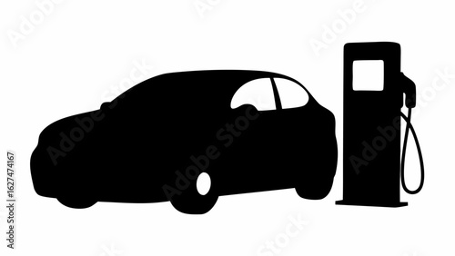 Silhouette of a car parked next to a gas station pump on a white background in a simple illustration