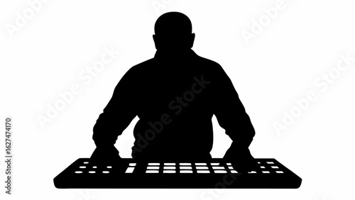 Silhouette of a person playing a keyboard with both hands in a dark room against a white background
