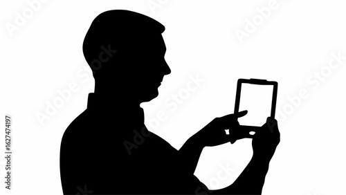 Silhouette of a man using a tablet with his finger touching the screen against a white background