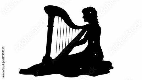 Silhouette of a woman playing a harp while seated with stars scattered on her body and dress
