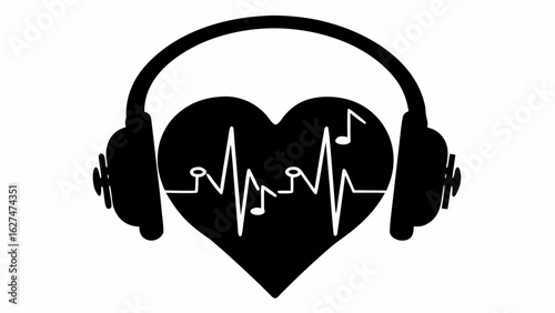Black headphones over a heart with an ekg line and music notes in a vector graphic illustration