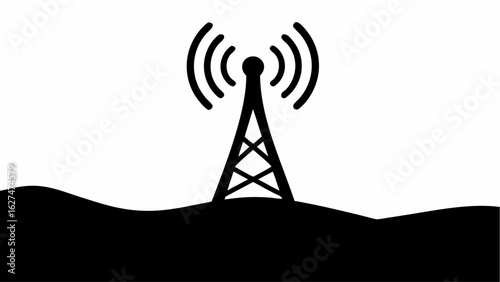 Illustration of a black radio tower with waves standing on a dark ground against white background