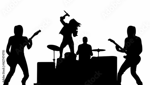 Silhouette of a rock band performing on stage with a singer holding a microphone and two guitarists