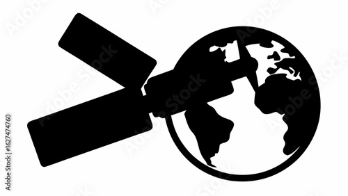 Illustration of a satellite orbiting the earth with its solar panels visible in black and white