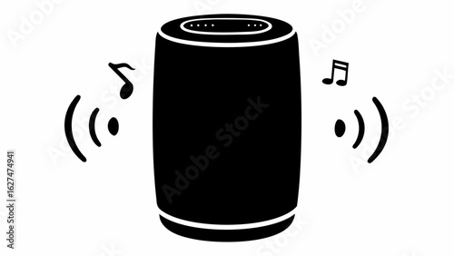 Illustration of a smart speaker with music notes and wifi symbols emanating from the device in black and white