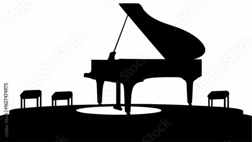 Silhouette of a grand piano on a stage with three stools in a black and white illustration design