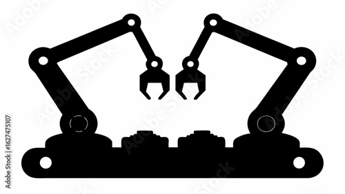 Two robotic arms extending over a platform with raised sections in a symmetrical black silhouette