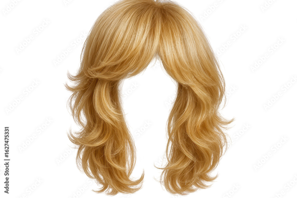 Naklejka premium Voluminous Blonde Layered Wig with Soft Waves and Bangs, Offering Versatile Styling Options