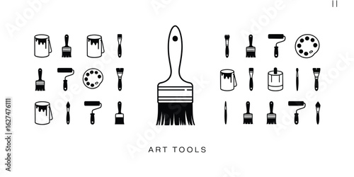 Painting Tools Icon Collection, Vector Symbols Representing Artistic Supplies Like Brushes, Palettes, Easels, and Paint Tubes for Graphic Design and Creativity