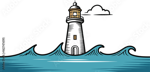 A stylized lighthouse illustration stands tall amidst ocean waves, featuring a simple cloud and clean lines, perfect for nautical themes and coastal designs, evoking a sense of maritime safety.