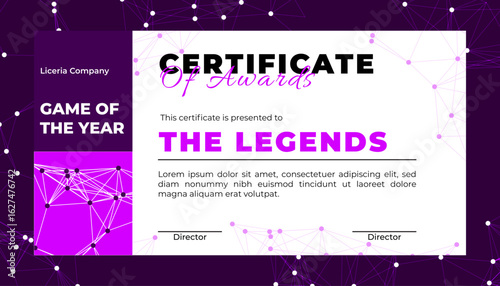 the Year award certificate template. Modern corporate design with abstract blue background for employee recognition and achievement.
