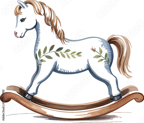 A charming watercolor rocking horse toy, adorned with delicate floral details, evokes a sense of nostalgia and childhood innocence, perfect for nursery decor or whimsical designs.