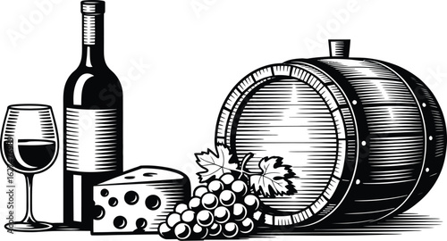 A classic still life features a wine bottle, glass, cheese, grapes, and barrel, rendered in a striking black and white vector illustration perfect for culinary or beverage themes.