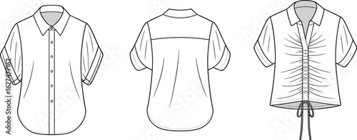 Flat vector illustration of women's short sleeve shirt design with collar, button-up front, back yoke, drawstring detail, technical fashion sketch