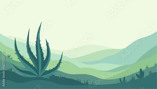 Minimalist Landscape Illustration of Green Desert with Aloe Plant and Rolling Hills