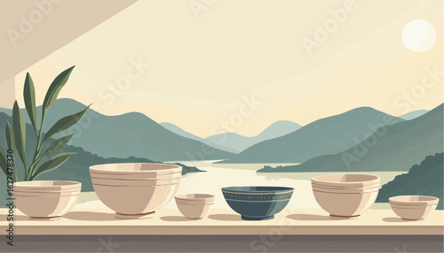 Minimalist Landscape with Mountain Views and Ceramic Bowls on Window Sill