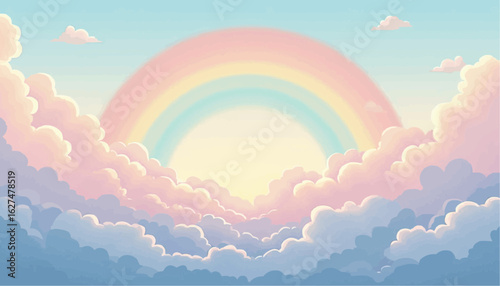 Colorful Rainbow Arching Over Fluffy Pink and Blue Cloudscape in Soft Pastel Sky