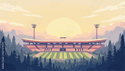 Empty Stadium with Bright Sunset and Mountain Backdrop in Warm Colors