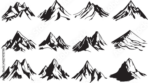 Collection of twelve distinct hand drawn black and white mountain peaks in a graphic illustration style